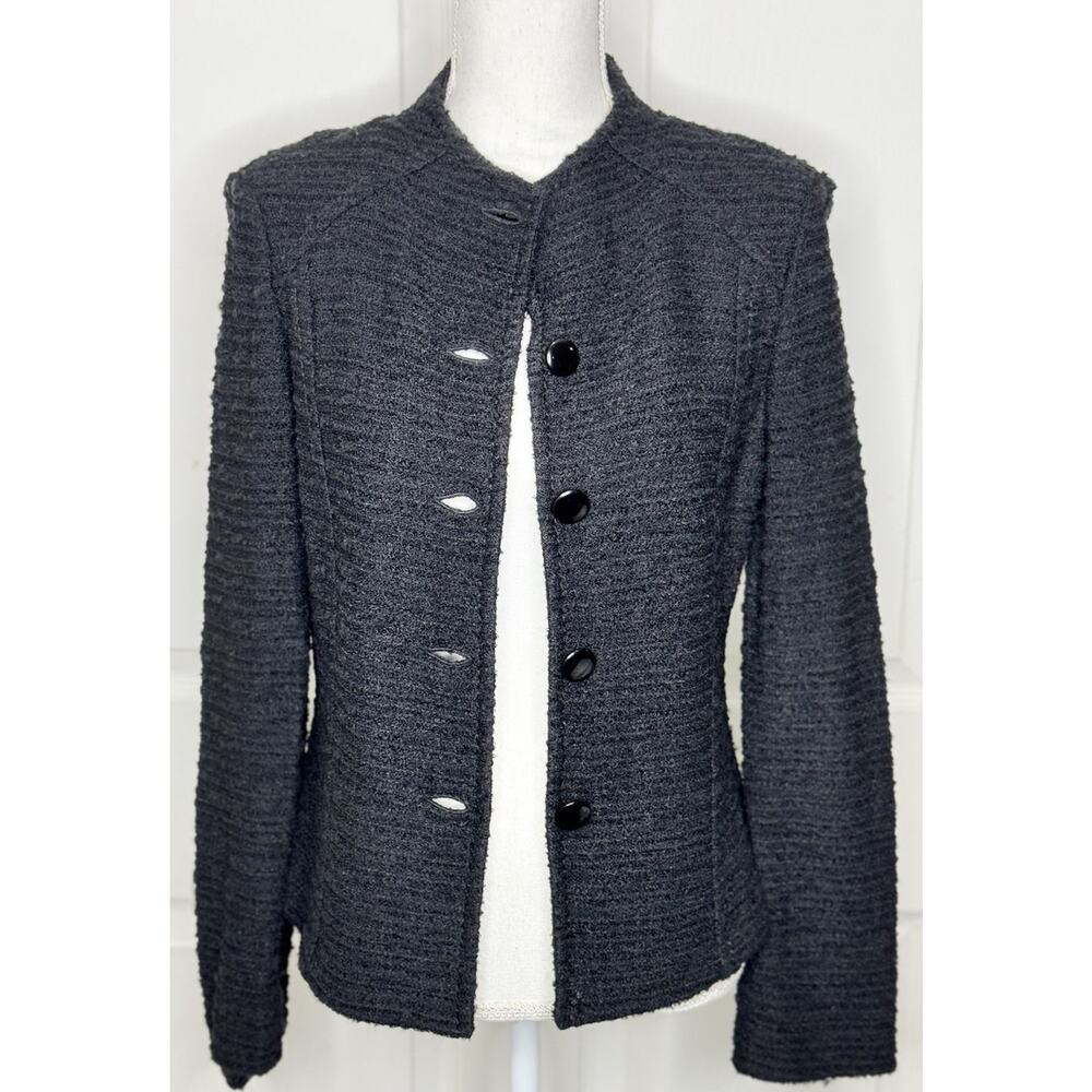 St. John Black Boucle Wool Knit Jacket Size 8 Button Front Unlined